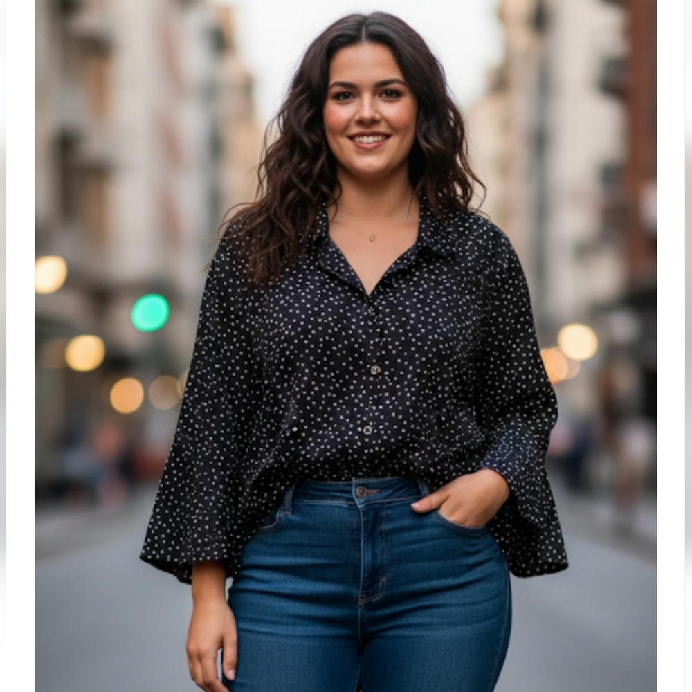 Claire France Black With White Dot Button Shirt With Ajustable Sleeve, Size 24 - Picture 13 of 13